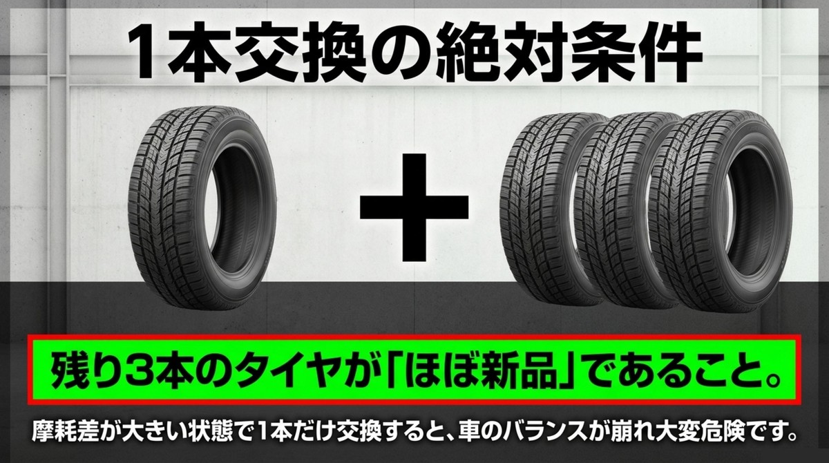 1本交換の条件として残り3本のタイヤがほぼ新品であることを示すスライド