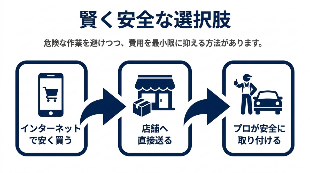 インターネットでタイヤを安く買い店舗へ直送してプロが安全に取り付ける流れを示すスライド