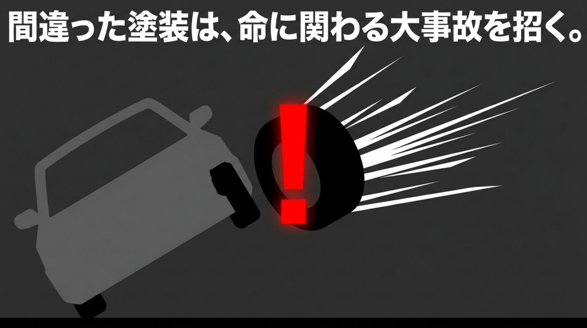 間違ったホイール塗装によるタイヤ脱落、異常振動、車検落ち、空気漏れなどの大事故リスクを示す図解