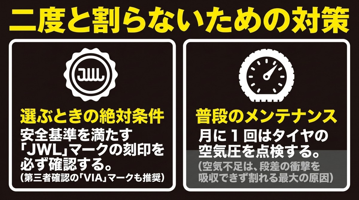 ホイールを割らないためのJWLマーク確認と空気圧点検