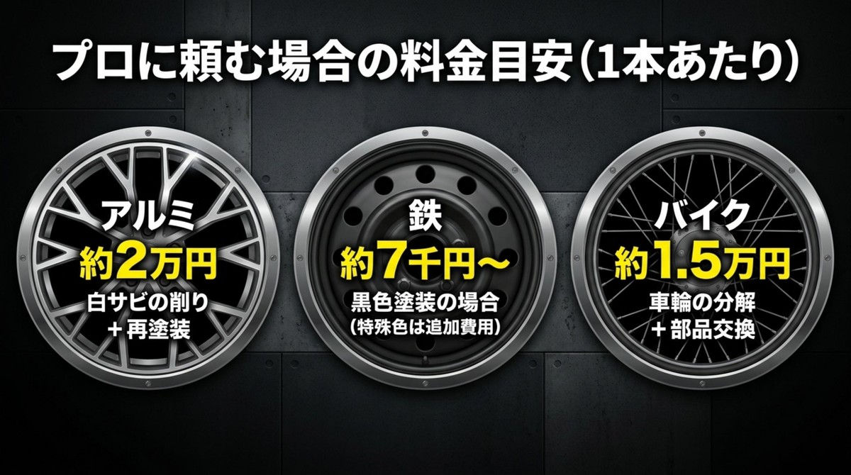 プロに依頼した場合のアルミ、鉄、バイク別ホイール修復料金目安一覧
