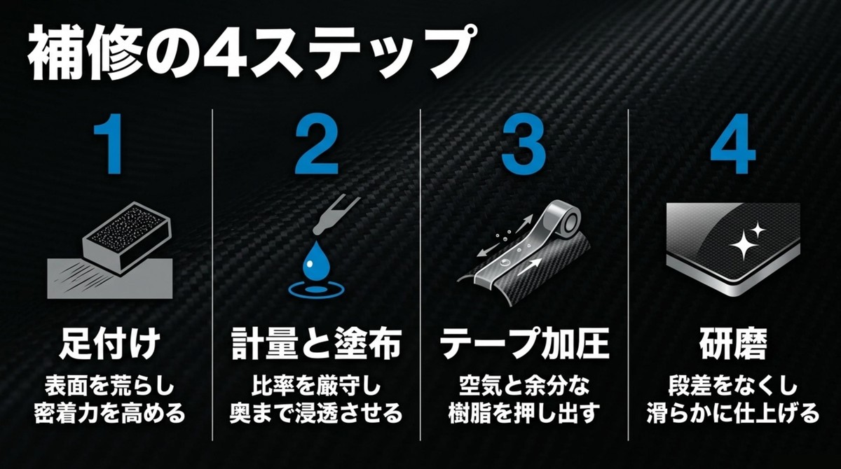 綺麗に仕上げるための補修4ステップ カーボン補修の4ステップ:足付け、計量と塗布、テープ加圧、研磨