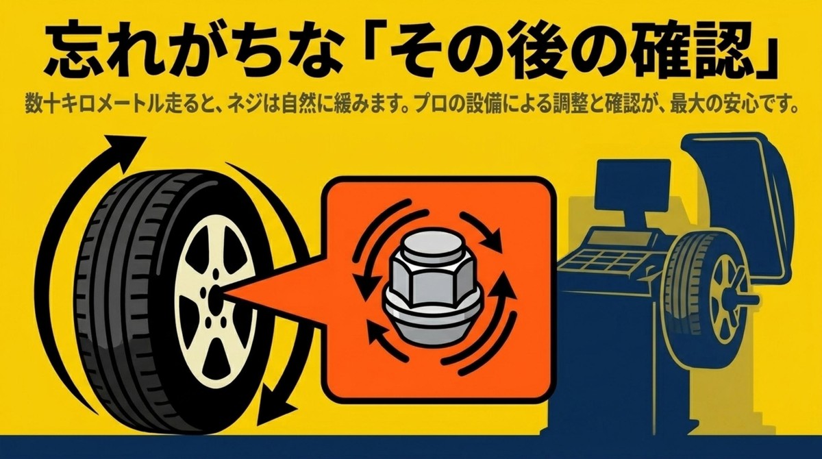 タイヤ交換後にナットが緩む可能性と増し締め確認の重要性を示すスライド