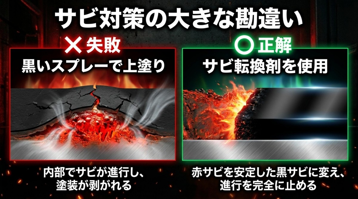 黒いスプレーによる上塗りの失敗とサビ転換剤の使用による正解例