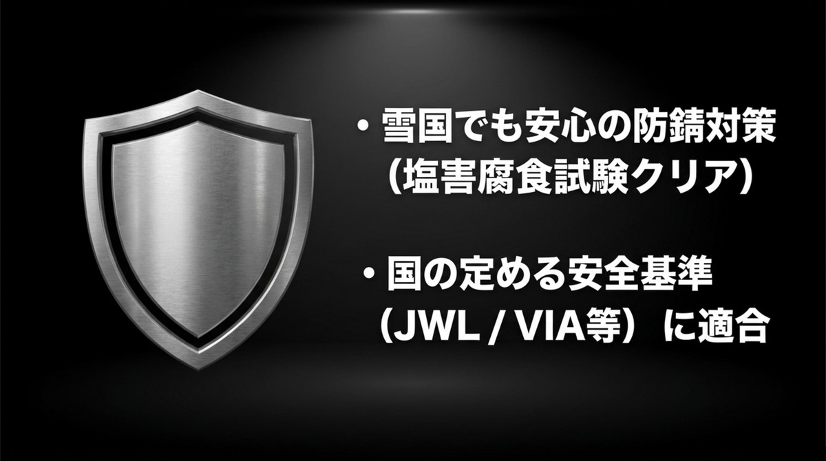 雪国でも安心の防錆対策とJWLやVIAなどの安全基準適合を示すスライド