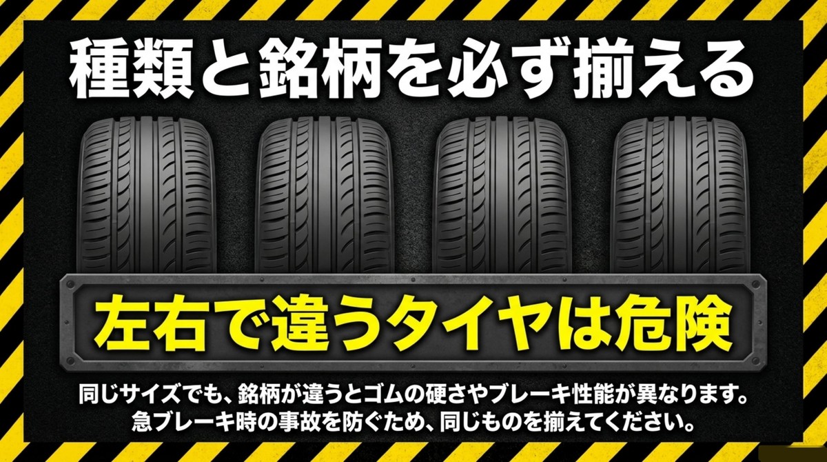左右で違う銘柄のタイヤを装着すると危険で同じ種類と銘柄をそろえるべきことを示すスライド