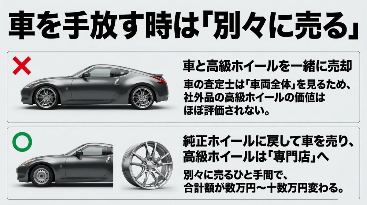 車を手放す際に、車両と高級ホイールを別々に売ることで合計額が上がる解説[cite: 1]