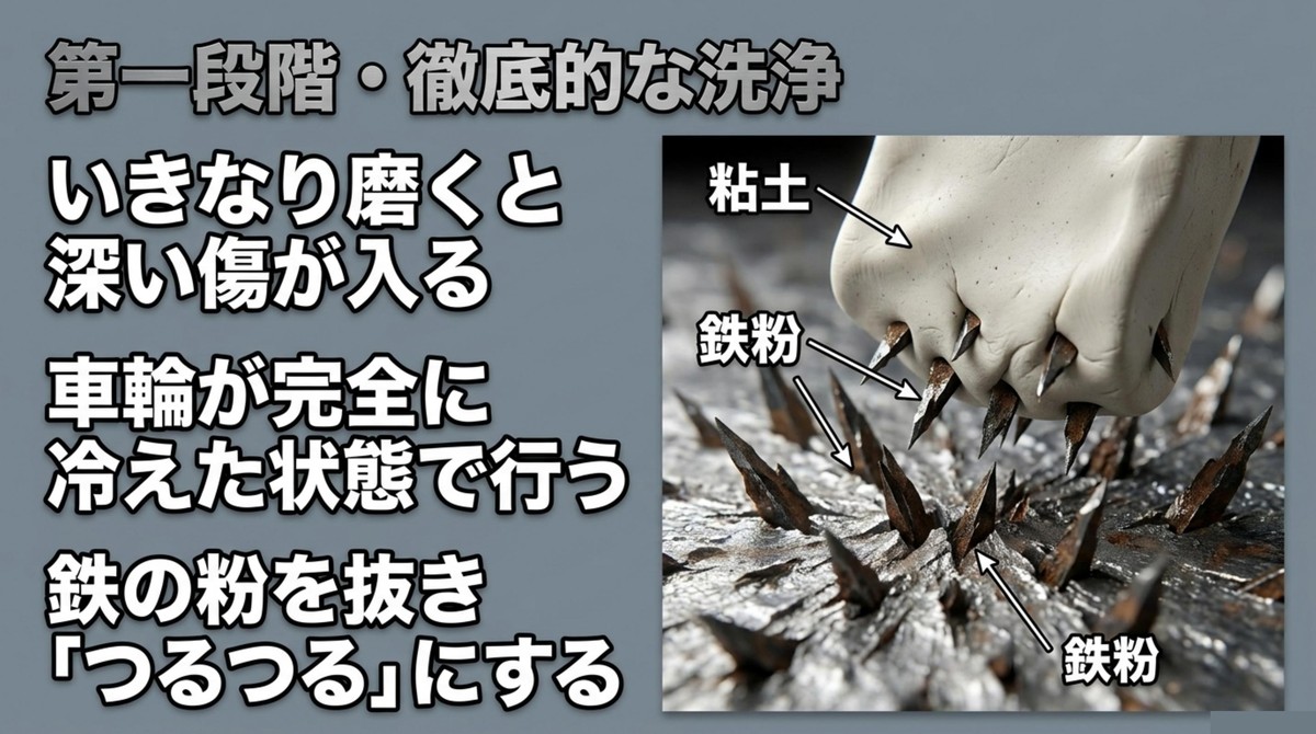 鉄粉除去と粘土を使った第一段階の徹底的な洗浄プロセス