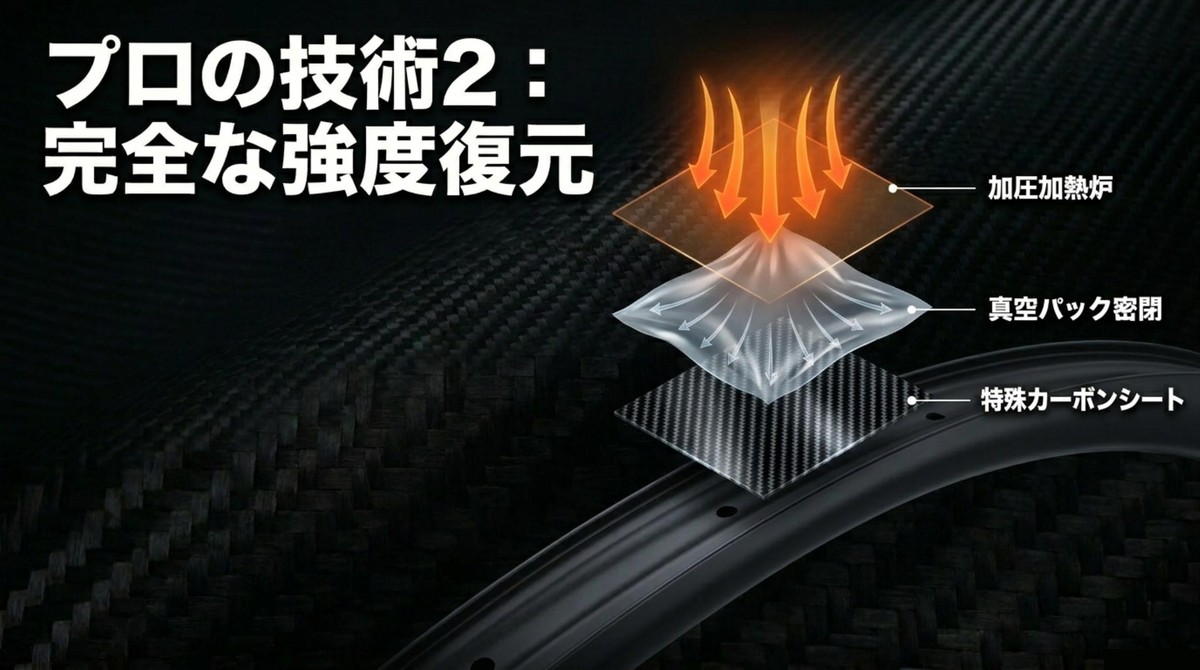 新品同様の強度と美観を取り戻すプロの技術 プロの強度復元技術:特殊カーボンシートと加圧加熱炉による完全な強度復元