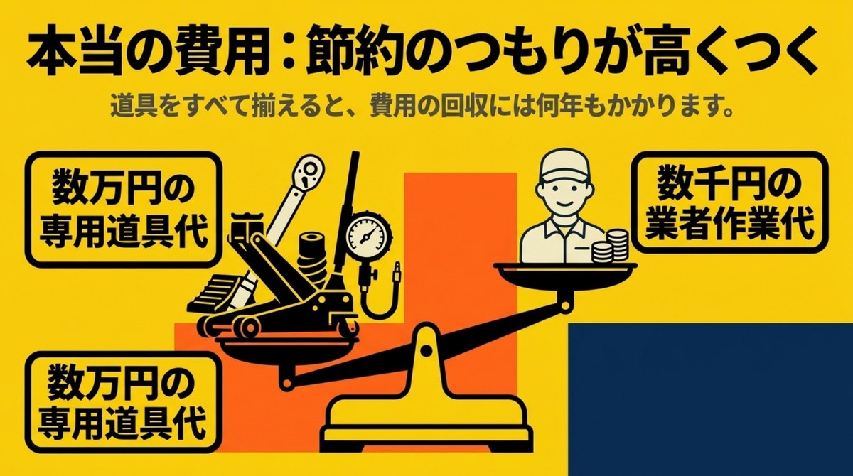 タイヤ交換の専用工具代と業者作業代を天秤で比較し節約のつもりが高くつくことを示すスライド