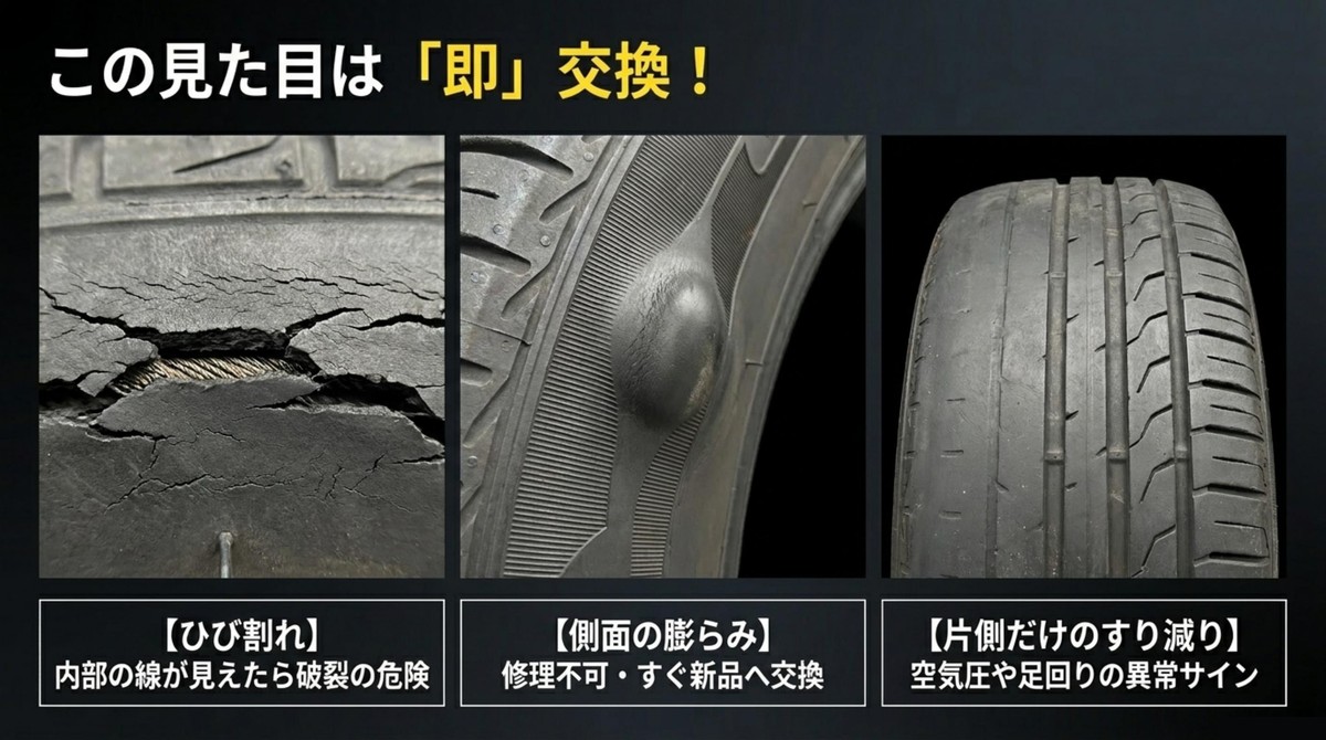 タイヤのひび割れや側面の膨らみなど危険な外観の劣化サイン