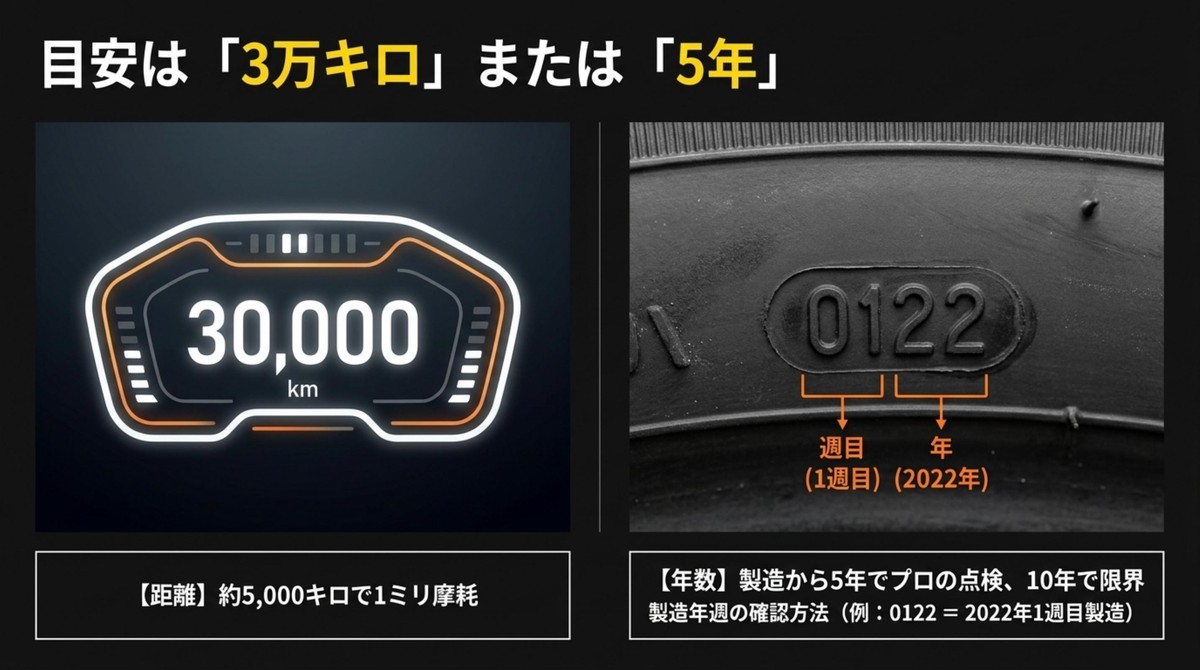 走行距離3万キロと製造年数から見るタイヤの寿命の目安