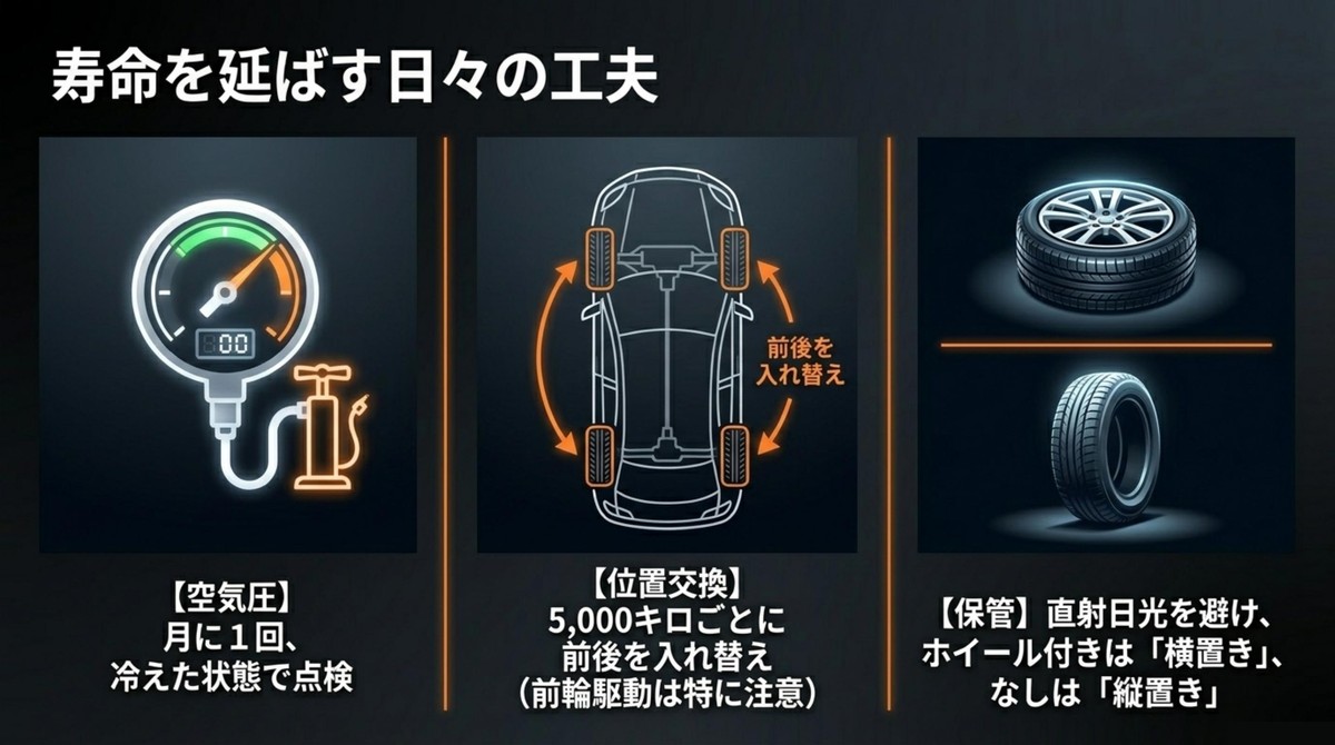 空気圧チェックやタイヤローテーションなどタイヤの寿命を延ばすメンテナンス方法
