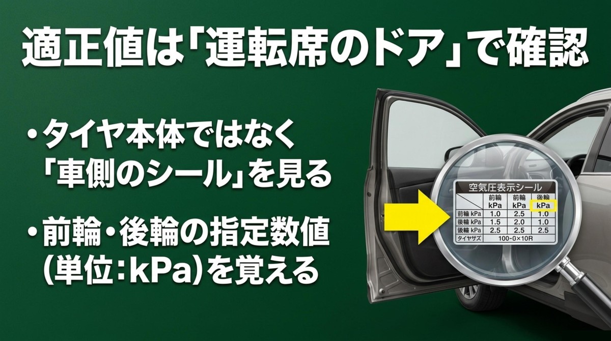 運転席ドア付近の空気圧表示シールで前輪と後輪の指定空気圧を確認する説明スライド