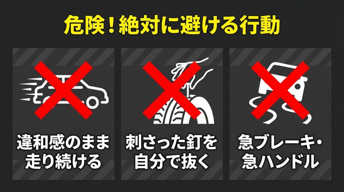 違和感のまま走り続ける、刺さった釘を抜く、急ブレーキや急ハンドルを避ける注意点を示すスライド