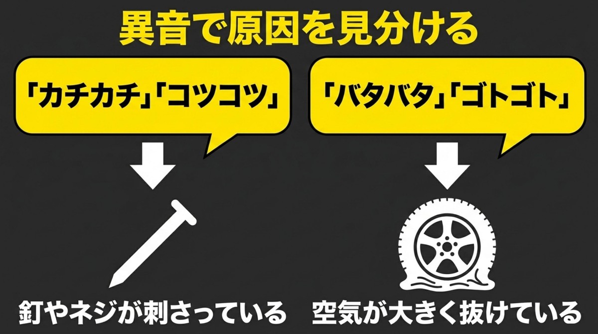 カチカチやコツコツ音は釘やネジ、バタバタやゴトゴト音は空気抜けの可能性を示すスライド