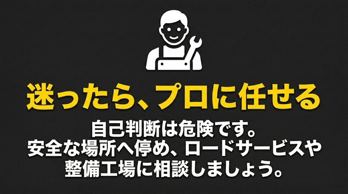 タイヤパンクで迷ったら自己判断せず安全な場所へ停めてロードサービスや整備工場に相談することを促すスライド