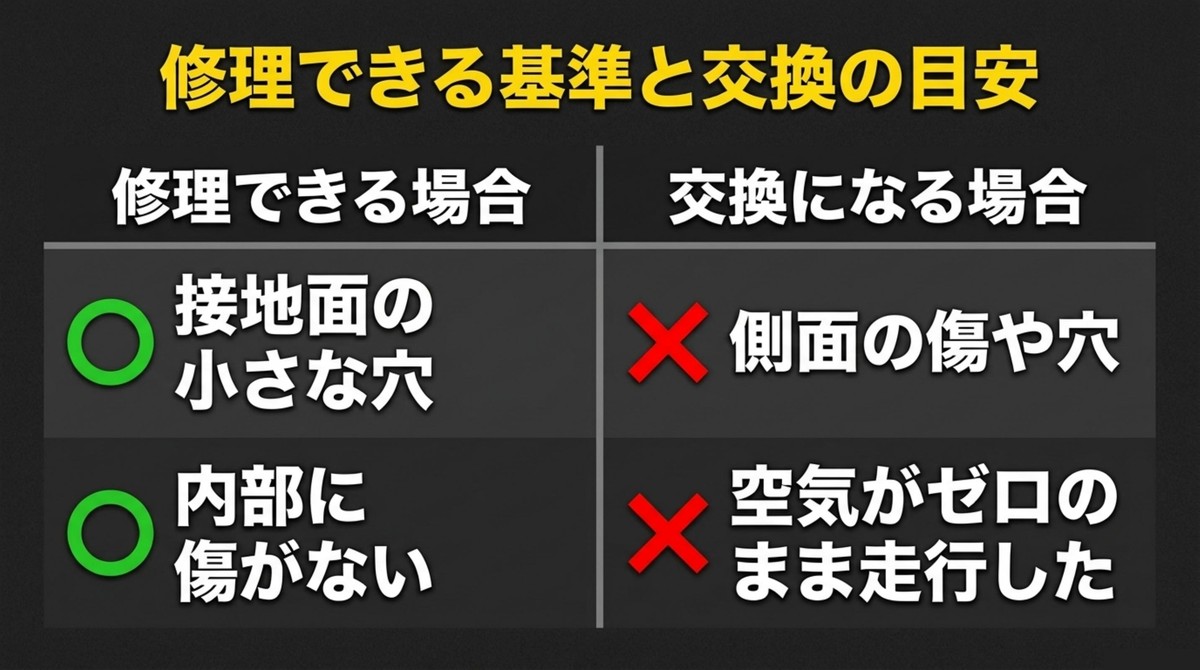 接地面の小さな穴や内部に傷がない場合は修理できる可能性があり側面の傷や空気ゼロ走行は交換の目安になることを示すスライド