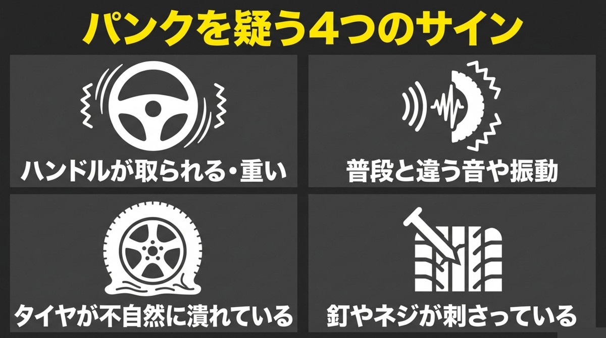 ハンドルの異常、異音や振動、タイヤの潰れ、釘やネジの刺さりを示すパンクの4つのサイン
