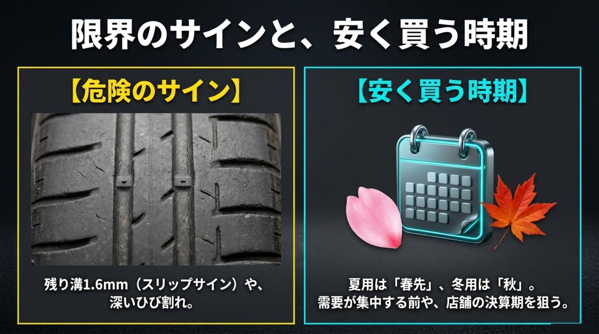 タイヤ交換の限界サインとお得に買える時期 タイヤのスリップサインやひび割れなどの交換目安と安く購入できる時期を示すスライド