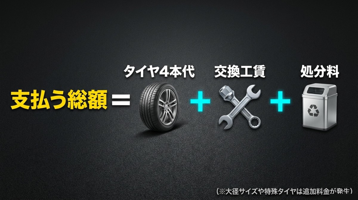 タイヤ交換の支払総額に含まれる費用 タイヤ4本代、交換工賃、廃タイヤ処分料を合計した支払総額の構成を示すスライド
