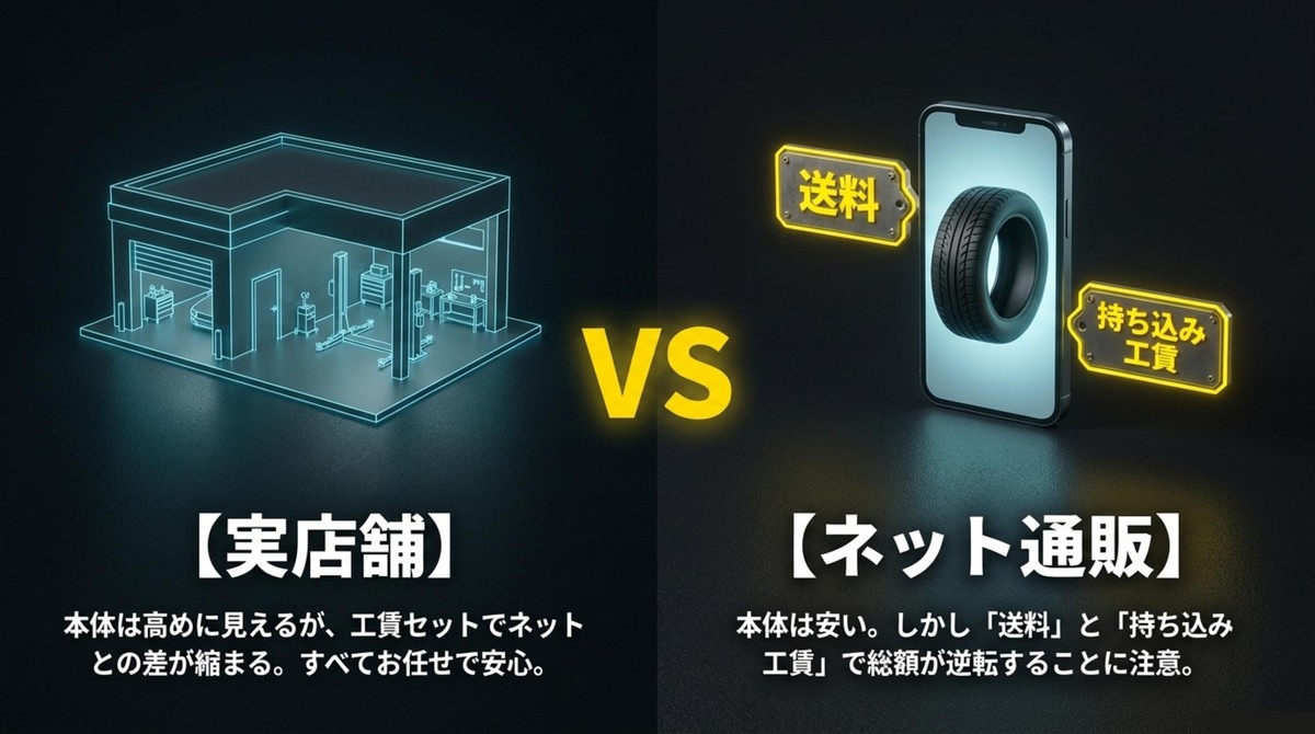 タイヤは実店舗とネット通販のどちらが安い? 実店舗とネット通販のタイヤ価格、送料、持ち込み工賃を比較したスライド