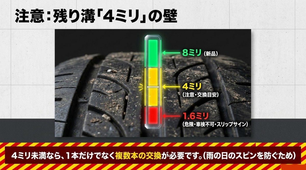 タイヤの残り溝4mmと1.6mmの目安を比較して交換時期を示すスライド