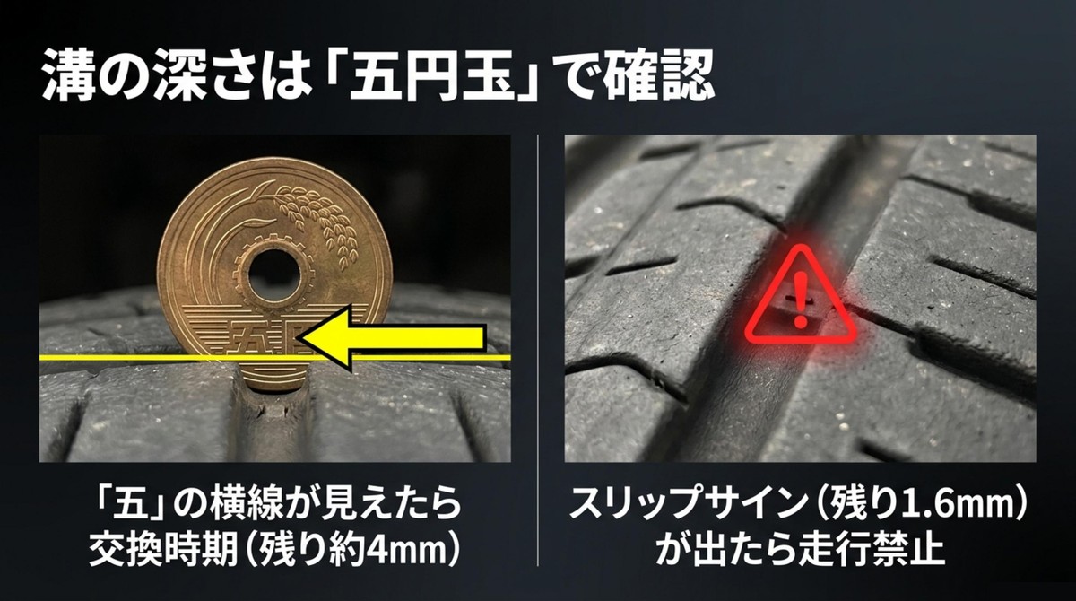 5円玉を使ったタイヤの溝の深さ確認とスリップサインの目安