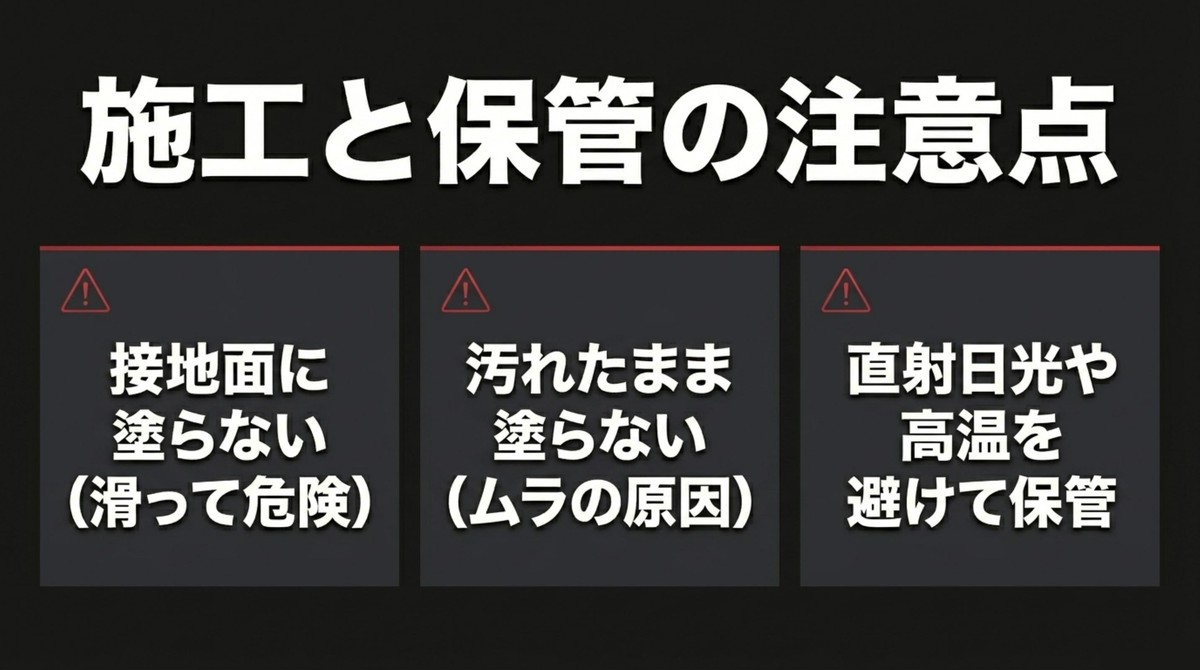 タイヤワックス施工時と保管時に接地面へ塗らない、汚れたまま塗らない、直射日光や高温を避ける注意点を示すスライド