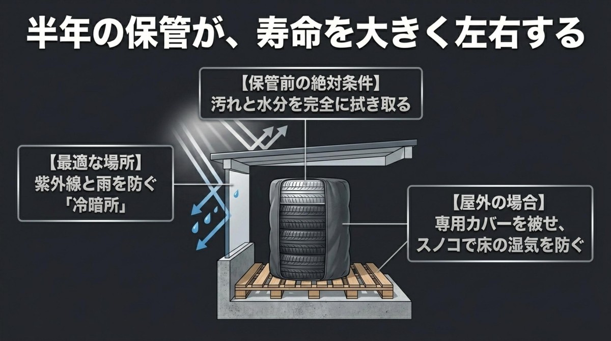 タイヤとホイールを洗浄乾燥後、直射日光や雨を避けてカバーとスノコで保管する方法を示した図解