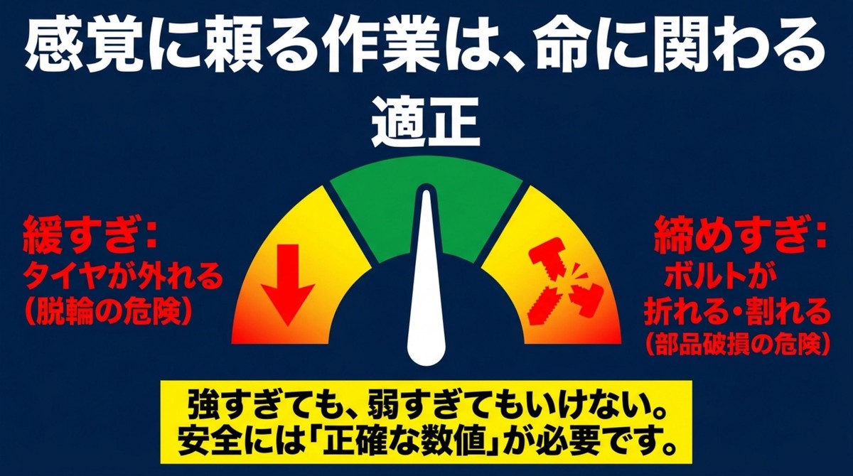 適正トルクの重要性を示すメーター（緩すぎ・適正・締めすぎ）