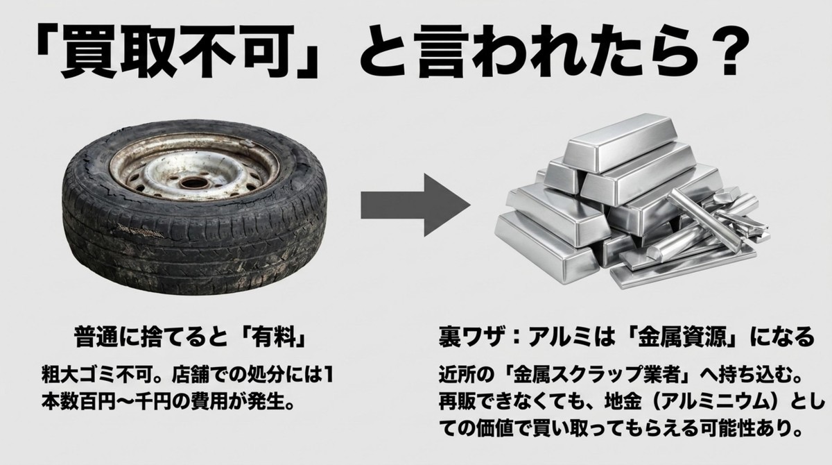 買取不可になったホイールを金属資源としてスクラップ業者に持ち込む裏ワザ[cite: 1]