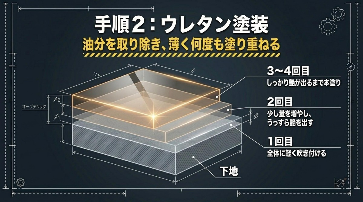 プロ並みの艶へ!ウレタン塗装の重ね塗りテクニック 油分を取り除き、薄く何度も塗り重ねるウレタン塗装の手順