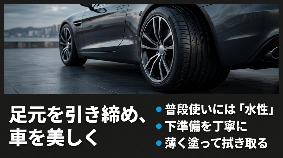 水性タイヤワックスは普段使いに向いており、下準備を丁寧にして薄く塗って拭き取ることをまとめたスライド