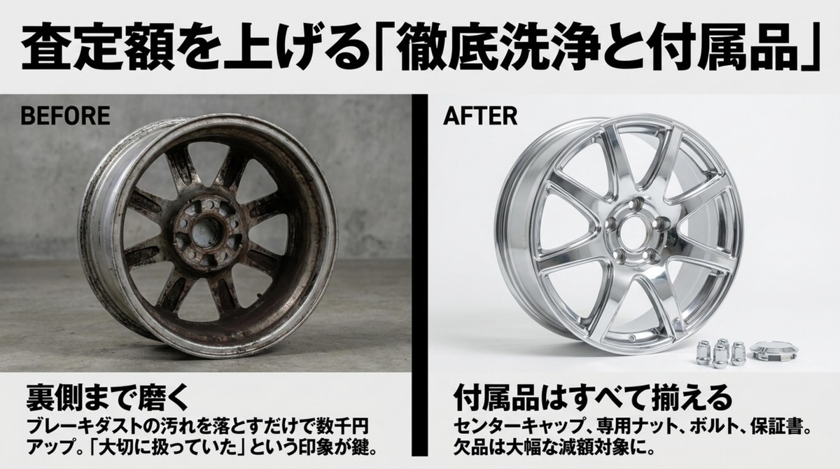 ホイールの徹底洗浄のビフォーアフターと、センターキャップなどの付属品の重要性[cite: 1]
