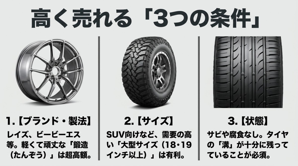 高く売れるホイールの3つの条件であるブランド・製法、サイズ、状態についての解説[cite: 1]