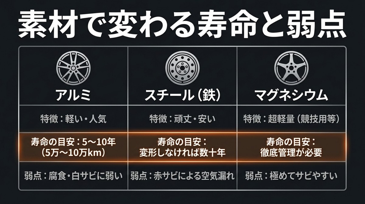 アルミ、スチール、マグネシウムのホイール素材ごとの寿命目安と弱点を比較した表