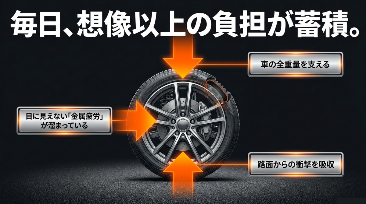 車のホイールに車重や路面からの衝撃が加わり、見えない金属疲労が蓄積する様子を示した図解