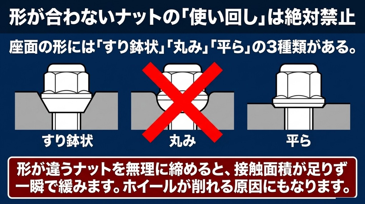 ホイールナットの座面形状（すり鉢状、丸み、平ら）の違い