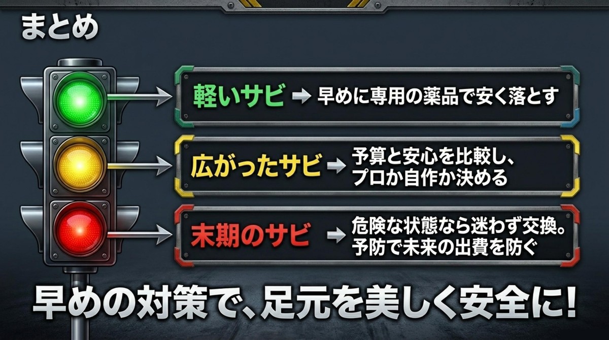 サビの状態別対策と早めの予防を促すまとめスライド