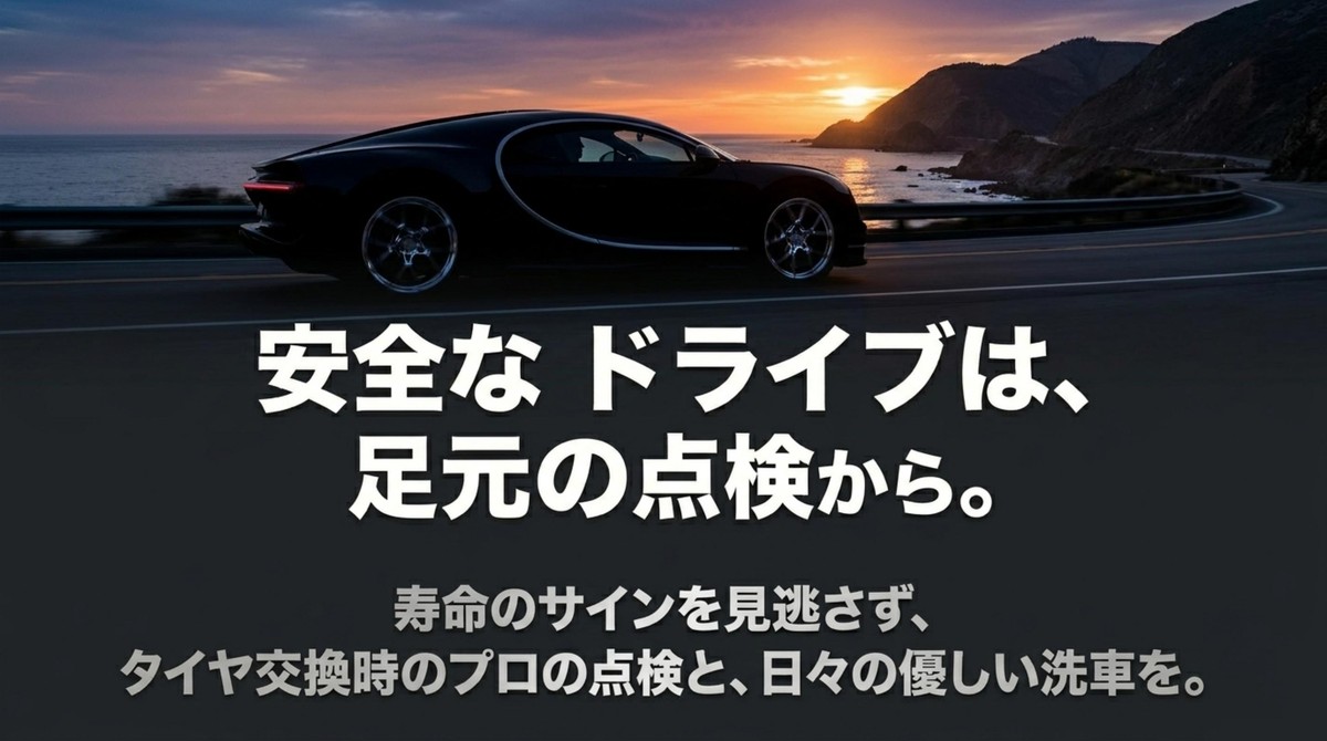 海沿いを走る車と、安全なドライブは足元の点検からというまとめを示したスライド