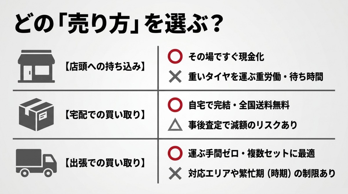 店頭持ち込み、宅配買取、出張買取のそれぞれのメリットとデメリットの比較[cite: 1]