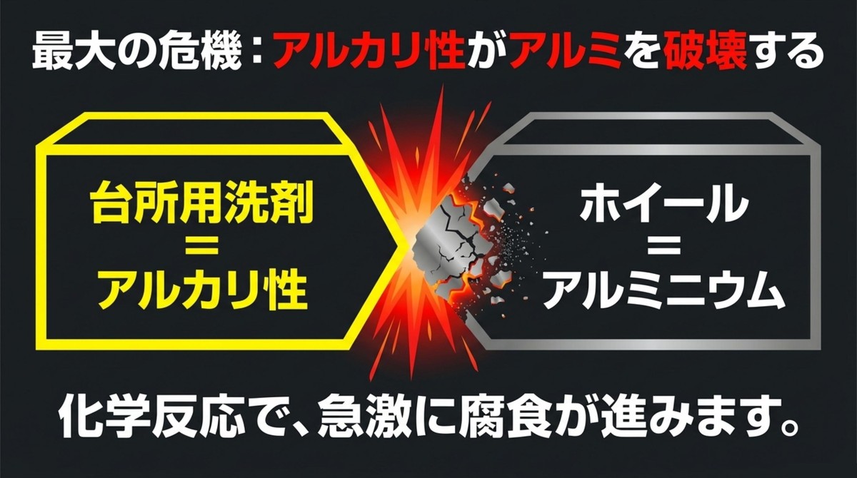 表面の保護膜が一瞬で白く濁る白濁や、すすぎ残しからサビが発生する白サビといった元に戻らない被害を示したスライド[cite: 1]