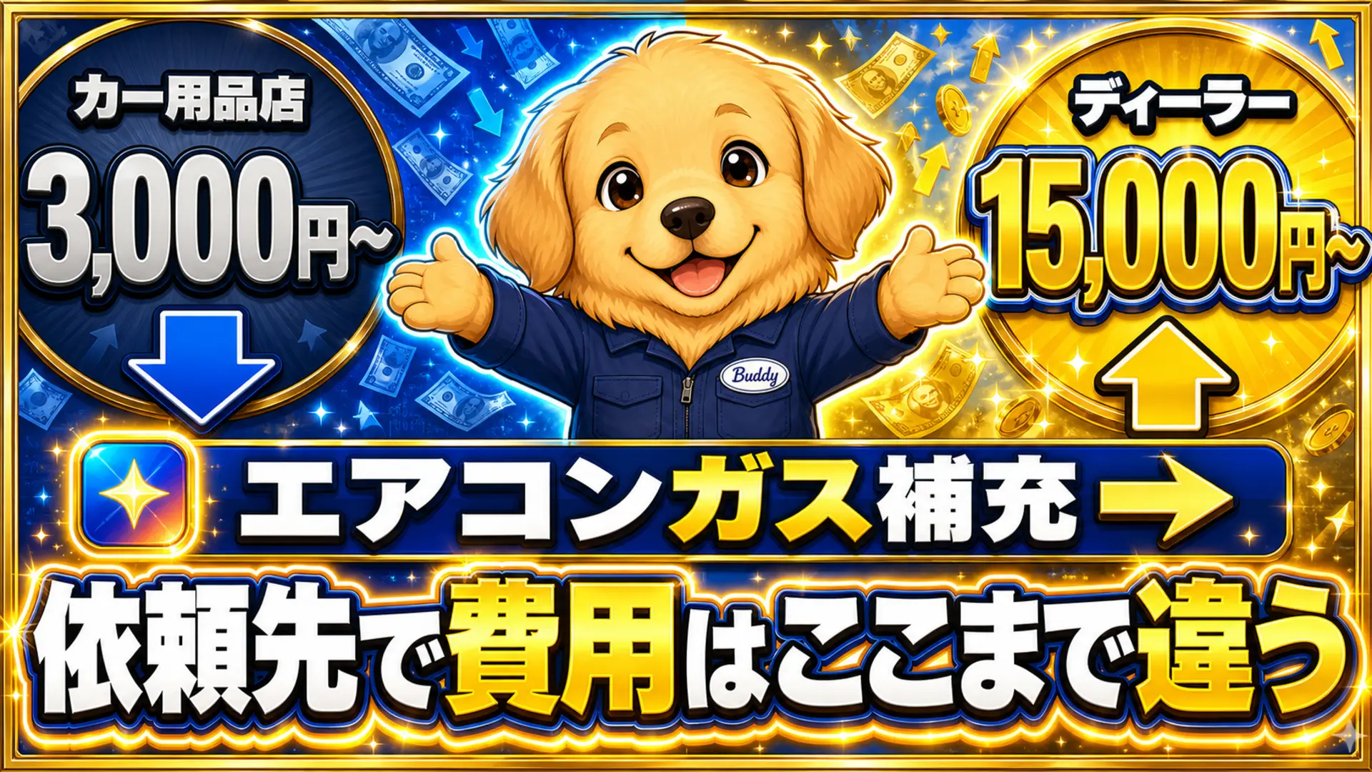 車のエアコンガス補充をカー用品店に頼んだ場合とディーラーに頼んだ場合の料金差を示す比較