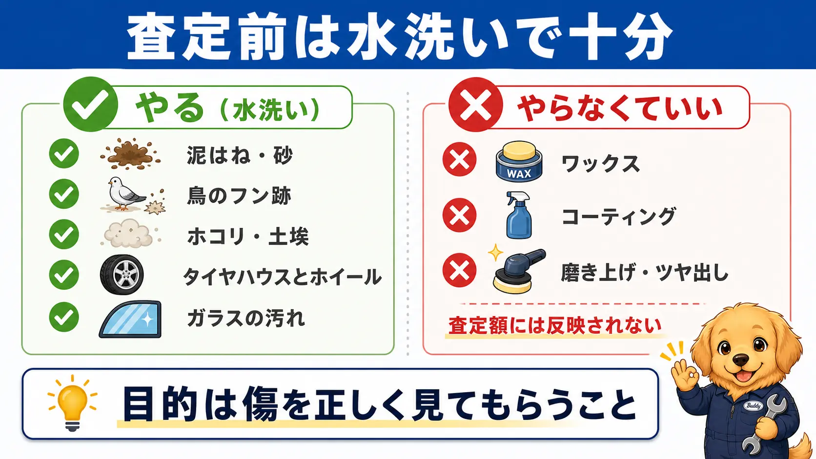 査定前は泥・砂・鳥のフン跡を水で落とせば十分で、ワックスやコーティングは不要なことを示した図解