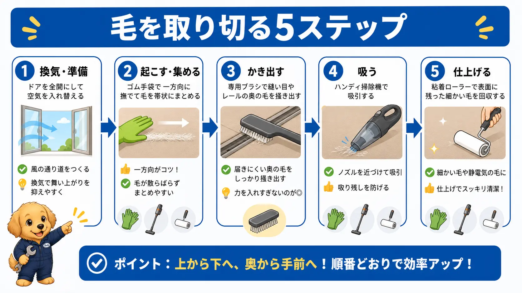 ドアを開けて換気し、ゴム手袋で毛を集め、ブラシで掻き出し、掃除機で吸って、粘着ローラーで仕上げるという5ステップの掃除手順を順番に示した図