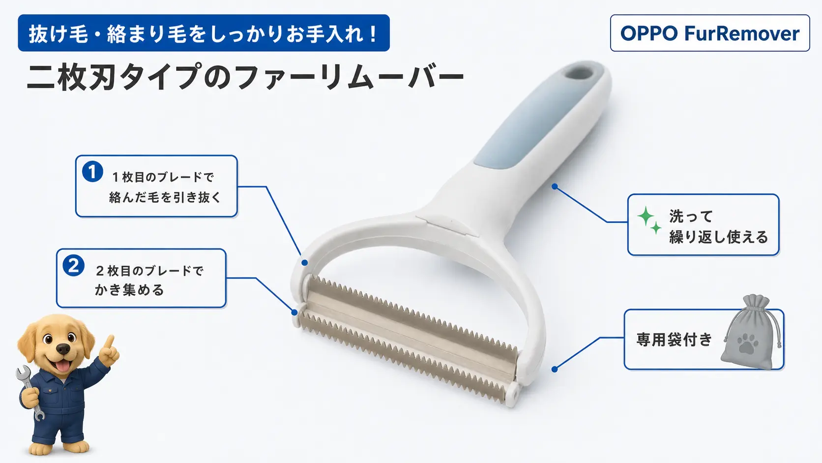 先端のギザギザした樹脂ブレード2枚で毛を引き抜いてかき集める仕組みを、OPPO FurRemoverを例に示した商品説明