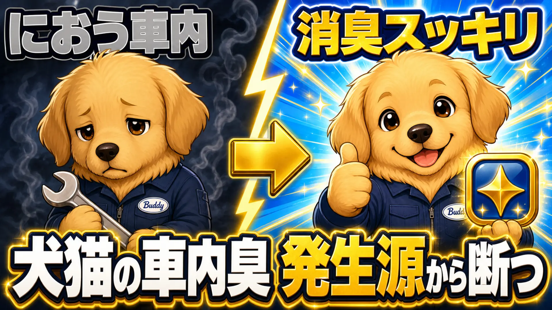 犬猫を乗せてにおいが残る車内と、消臭後にすっきりした車内を左右に対比したイラスト