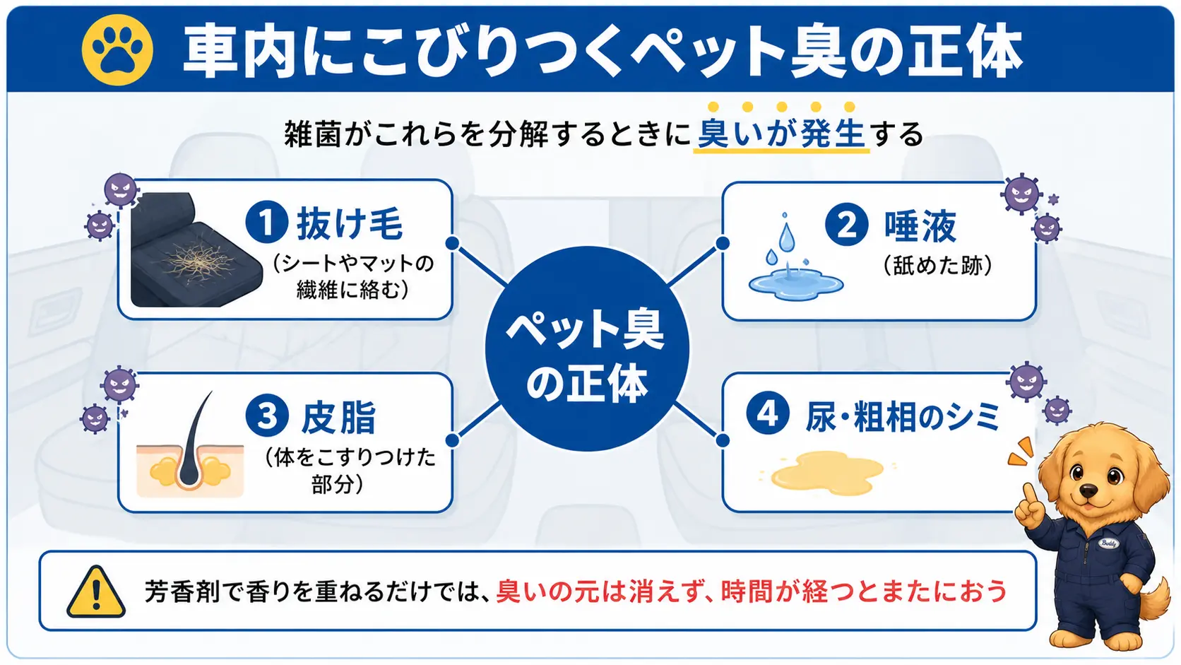 車内のペット臭の原因である毛・唾液・皮脂・尿と、それらを分解する雑菌の関係を示した分解図
