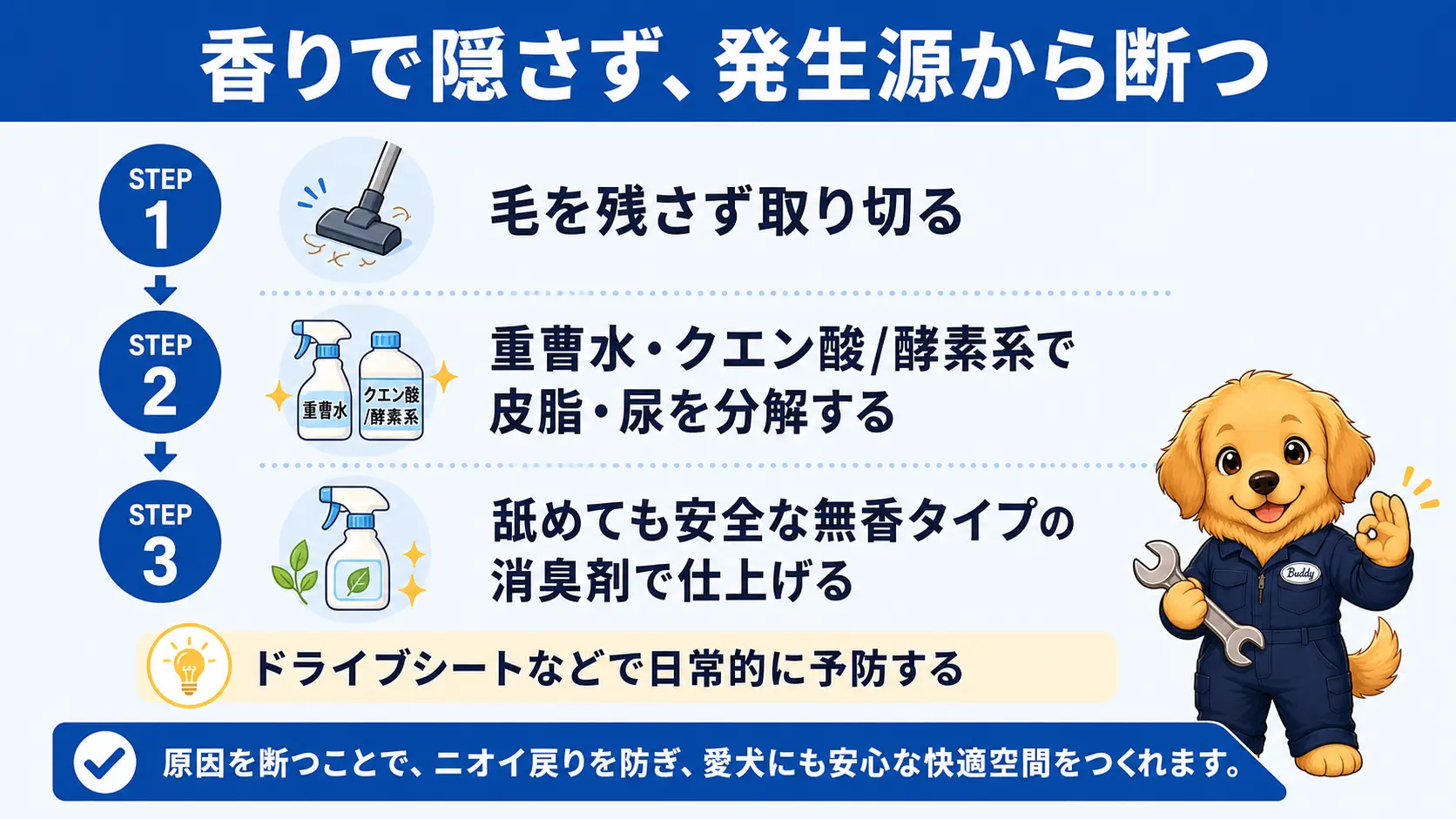 車のペット臭の消し方の要点、毛の除去・発生源掃除・安全な消臭剤選び・予防を1枚にまとめた図